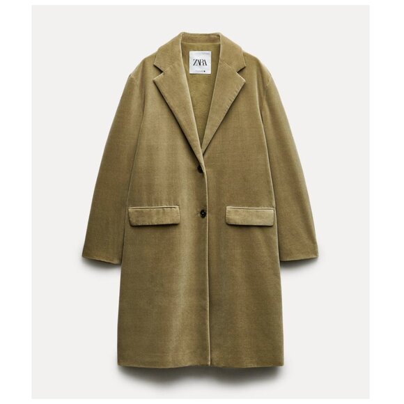 NWOT Zara light green khaki velvet-like oversized mid-length coat, XS - Picture 7 of 13